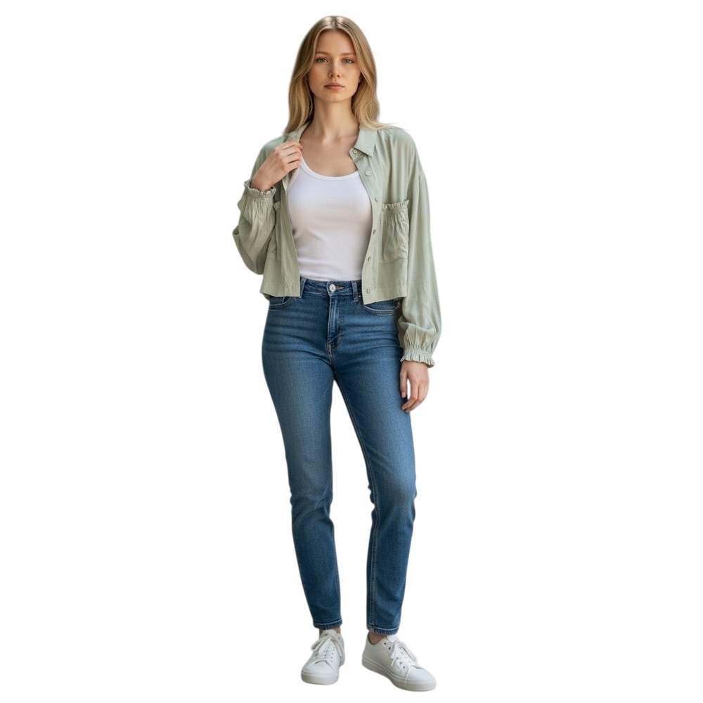 Cropped Sage Green Utility Blouse Drawstring Cinch Hem Shacket Size Medium - Picture 11 of 11